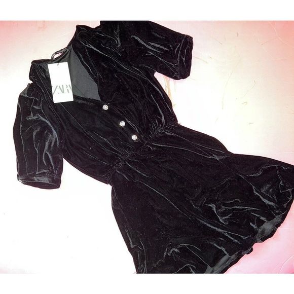 Zara Dresses & Skirts - NWT Zara S DRESS VELOUR BLACK SHORT RUFFLED SILVER crystallized BUTTONS